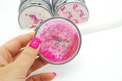 Зеркальце карманное двойное с блестками (ТИП: Бабочки, Единорог)