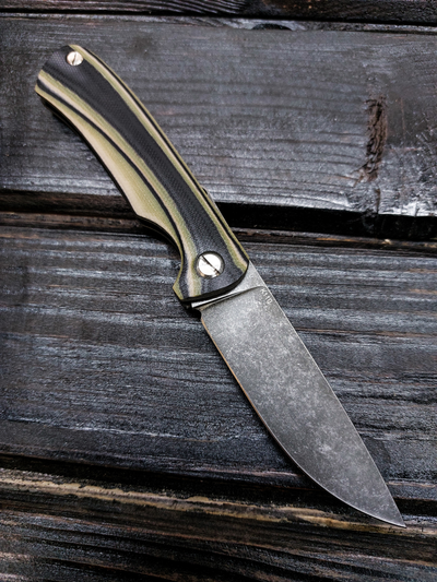 Фрикционный складной нож Микрос+ сталь К110 BlackWash, рукоять G10, цвет тайга