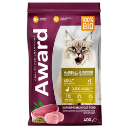 AWARD (Авард) Hairball & Indoor, сухой корм для кошек для выведения шерсти, Утка с курицей, 400 г