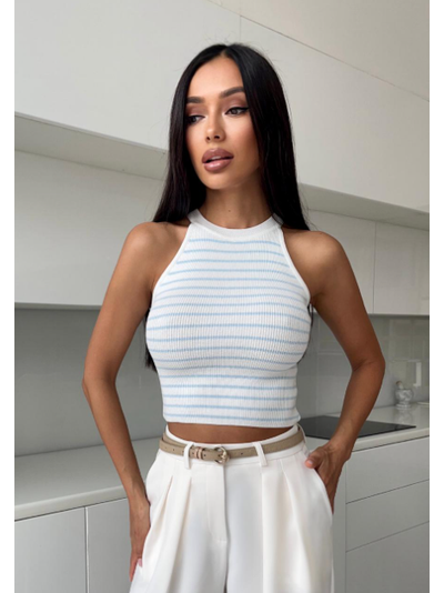 Кроп-топ из вязаного трикотажа с горловиной американка (бело-голубой)