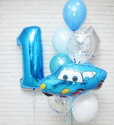 Композиция &quot;Синяя молния&quot; включает в себя (6 однотонных шаров, 2 шара с конфетти, 1 звезда 18&quot;, 1 цифра 102 см, фольгированная фигура машинка ).