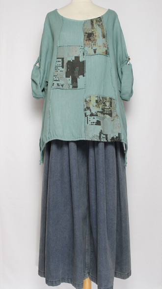 БЛУЗА ЛЁН КИМОНО "ГОРОД"голубая, морская волна, хаки до р.56