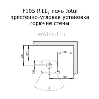 Установка печи Jotul F105 R LL BP пристенно в угол, горючие стены, какие отступы