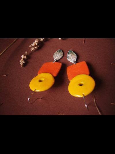 "Степное солнце", крупные этнические серьги в стиле глазурованной керамики