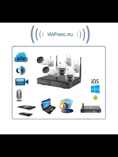 Комплект уличного WiFi/LAN  видеонаблюдения, NVR и 4 беспроводные видеокамеры (2 стационарные и 2 поворотные), Full HD (поддержка HDD до 6 Тб)