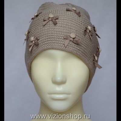 Вязаная шапка с бантиками Vizio Италия 4876 бежевая