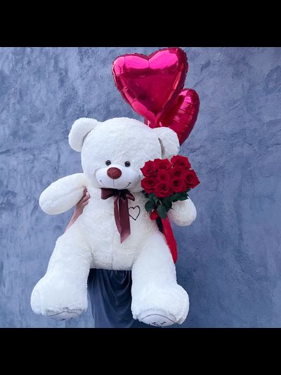 Подарочный набор №16 - Плюшевый мишка 160 см, Шары сердца 2, букет красных роз Эквадор