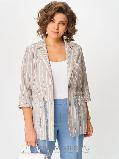 Брючный комплект: бежевая блуза в полоску, голубые брюки (модификация 3)