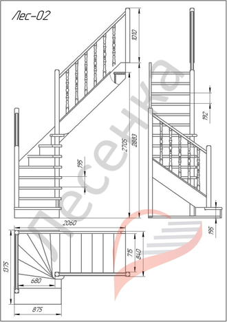 Деревянная межэтажная лестница ЛЕС-02 поворот 90°