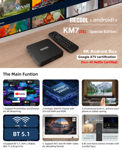 Смарт ТВ приставка Mecool KM7 SE 2/32 Гб с пультом с голосовым поиском (операционная система Android TV 12.0)