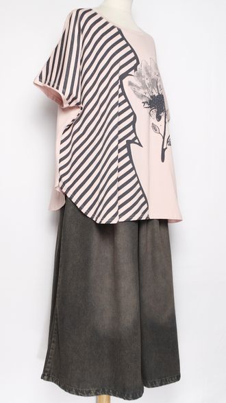 Футболка "ПОЛОСЫ И ЦВЕТОК" розовая до р.56