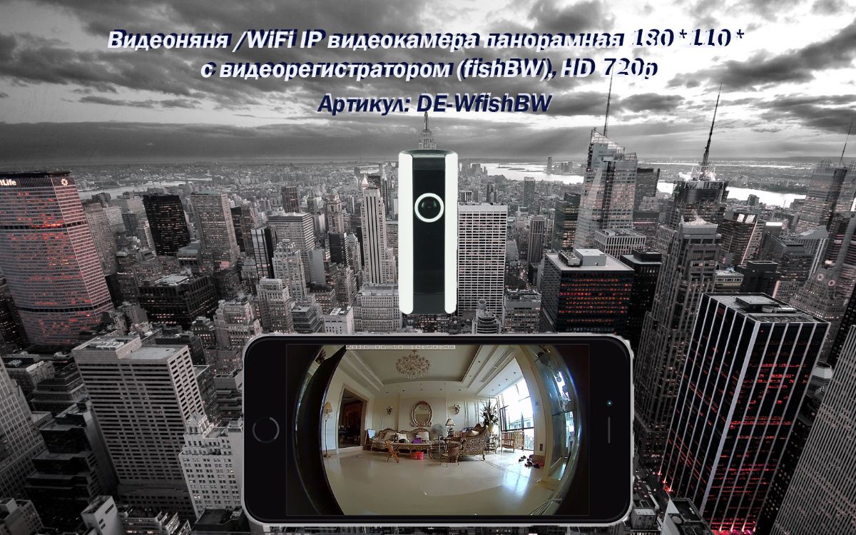 Видеоняня /WiFi IP видеокамера панорамная 180*110* с DVR (fish-BW), HD Артикул: DE-WfishBW