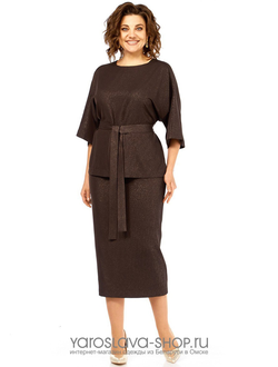 Модель: 2902.Женский юбочный костюм из шелковистой ткани в сером цвете