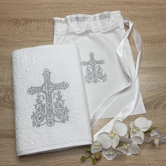 Тёплый крестильный набор "Семейные ценности" серебро, можно вышить любое имя
