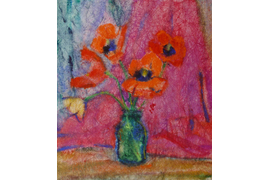 «Маки на красном фоне», 1977 г., жатая бумага, акварель, гуашь, 63х53,3