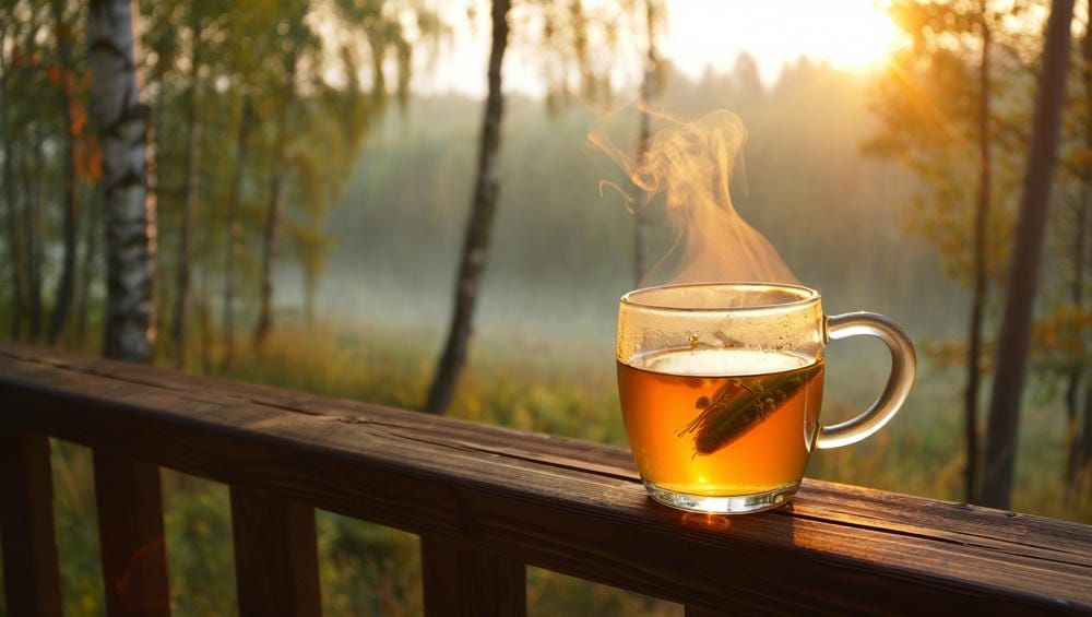 Стакан свежезаваренного янтарного травяного чая с плавающими соцветиями золотарника.