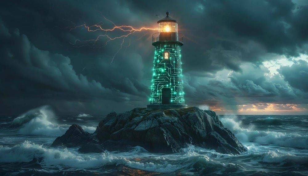 Цифровой маяк в бурном море, символизирующий надежду и руководство.