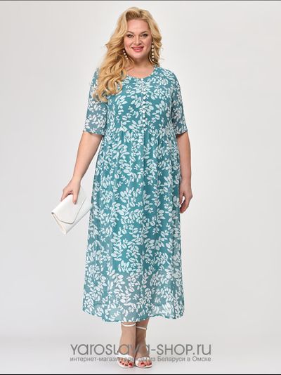 Модель: А-3883-1. Шифоновое голубое платье белые веточки.