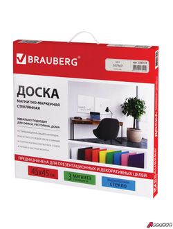 Доска магнитно-маркерная стеклянная, белая, 45×45 см, 3 магнита, BRAUBERG. 236735