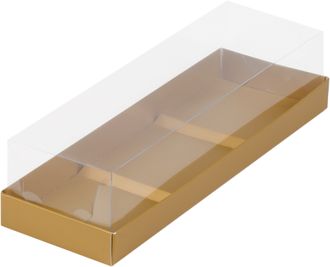 Коробка для 3 пирожных/муссовых тортов с пласт. кр. (матовое золото), 260*85*60мм