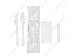 Комплект №4 (вилка прозрачная, нож прозрачный, зубочистка, салфетка белая)