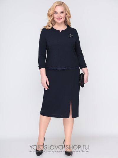 Модель : A-3843-2. Деловое нарядное платье глубокого темно-синего цвета .