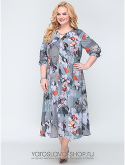 Модель: А-3859. Шифоновое платье серого цвета с белыми орхидеями и оранжевыми лепестками.