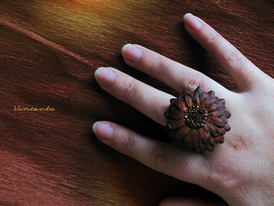Необычное кольцо "Медная Календула" из полимерной глины. Серия колец-цветов из коллекции волшебных украшений Винсенто