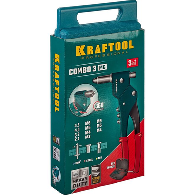Заклепочник в кейсе KRAFTOOL Combo3-M6, 360°, 3 вида заклёпок (31178_z01)