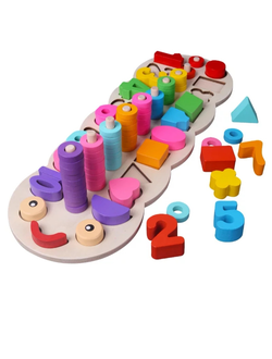 Деревянная "Математическая гусеница" большая , игровое пособие для малышей, сортер цвета-фигуры-цифры