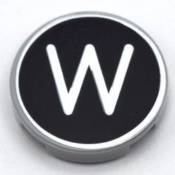 Tile, Round 2 x 2 with Bottom Stud Holder with Silver Capital Letter W on Black Background Pattern, Light Bluish Gray (14769pb444 / 6352976)