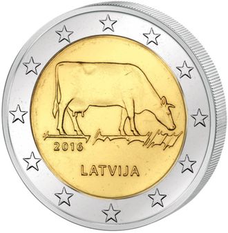 2 евро Корова. Сельское хозяйство. Латвия, 2016 год