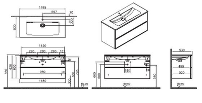 Шкаф Vitra Metropole Edge c 2 ящиками,  подсветкой в верхнем ящике, 120 см с, цвет ореховое дерево, 67157