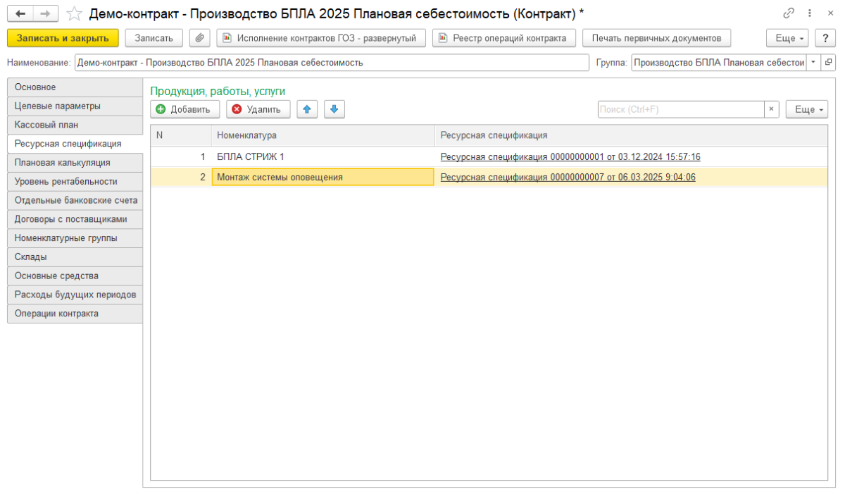Вкладка ресурсная спецификация