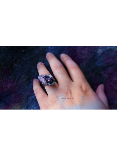 Ночная Фея (Фея Цветов). Авторское кольцо с цветком из полимерной глины и стразами Swarovski