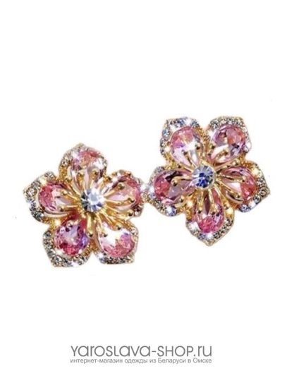 Серьги пуссеты цветок с розовыми кристаллами