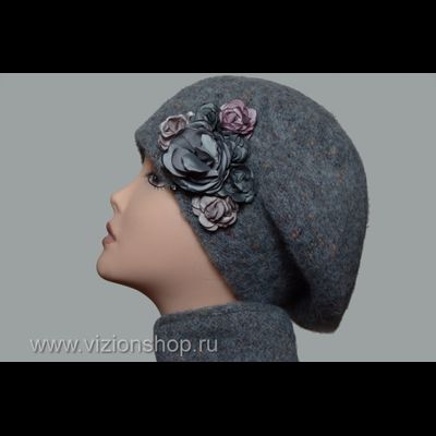 Стильный берет и шарф вязаный комплект зима 2019 с цветами Vizio Италия 6106 антрацит