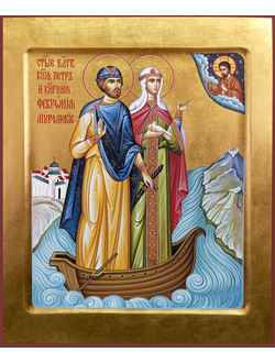 Петр и Феврония Муромские, Святые Чудотворцы. Рукописная икона. 22х28см.