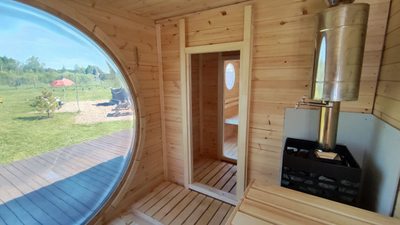 Баня "ОКО"  с большим, круглым, панорамным окном