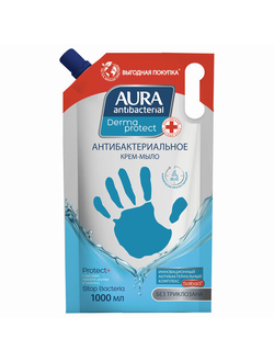 Мыло-крем жидкое антибактериальное 1 л AURA DERMA PROTECT "Чайное дерево и тимьян", дой-пак, 10363