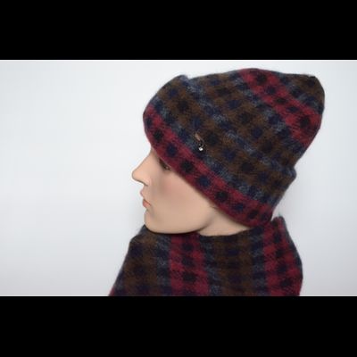Шапка в клетку вязаная женская с отворотом Vizio Италия 6944 CRY бордовая