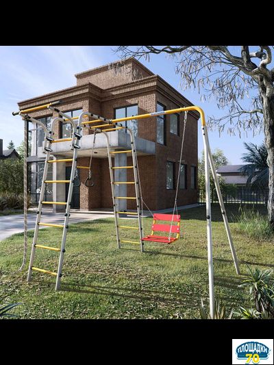 Детский спортивный комплекс для дачи ROMANA Веселая лужайка - 2 (красный/желтый/белый) (с пластиковыми качелями)