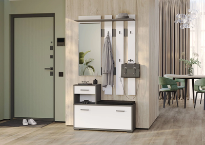 Вешалка с зеркалом + тумба для обуви ЛИРА Графит/Белый