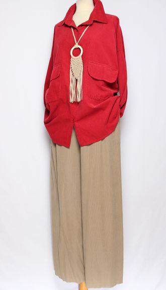 Рубашка Бохо вельветовая "КАРМАНЫ КЛАПАНЫ"  красная до р.54