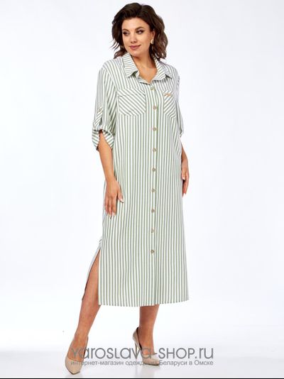 Модель : 2477.Женское платье-рубашка белого цвета в светло-зеленую полоску