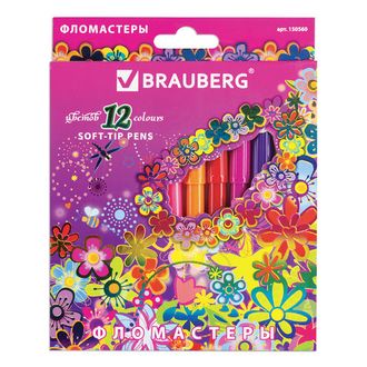 Фломастеры BRAUBERG "Blooming flowers", 12 цветов, вентилируемый колпачок, картонная упаковка с фольгой, 150560, 12 наборов