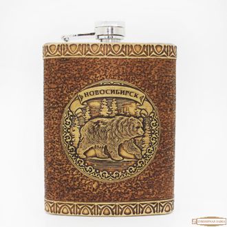 Металлическая фляга с берестой «Медведь» Новосибирск сувенир