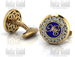 Золотые запонки с ажурным, резным узором, инициалами и эмалью (Вес пары: 15 гр.)