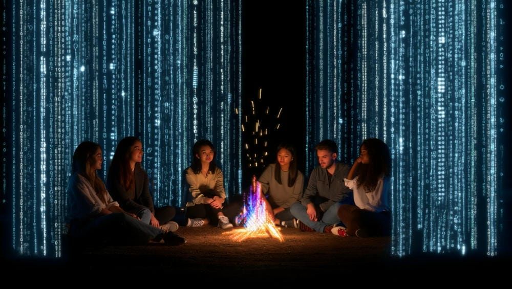 Группа людей в кругу, сидящих у цифрового костра, искры которого переходят в пиксели.