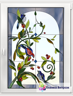 Витражная пленка, витражная пленка самоклеющаяся под заказ,пленочный витраж с птицами